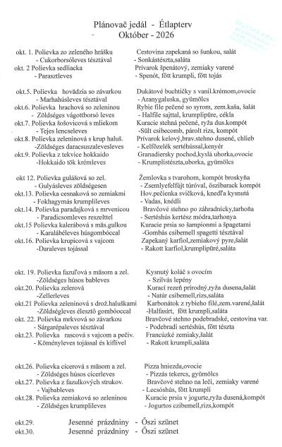 Jedálny lístok školskej jedálne na október 2026